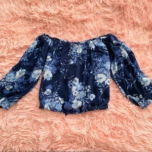 Blue Floral Off the Shoulder Crop Top